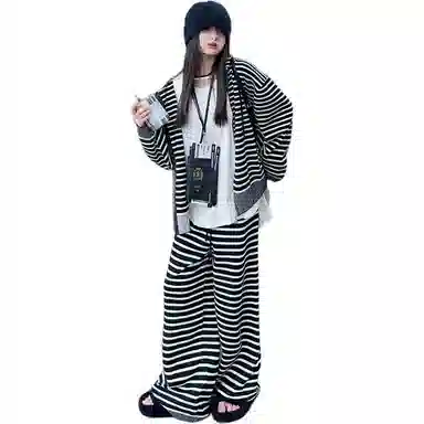 韩素伊休闲运动套装 美式复古慵懒风条纹连帽开衫外套女童秋季宽松阔腿长裤两件 青少年