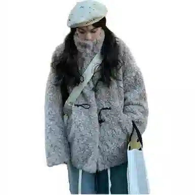 邓大喵 中长款立领牛角保暖宽松仿兔毛绒感外套 女款