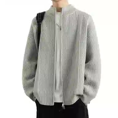 顶峰保罗 日系慵懒风潮牌立领双拉链开衫外套高街百搭无性别主义宽松大码休闲运动纯色上衣显高显瘦轻熟风毛衣 男女同款