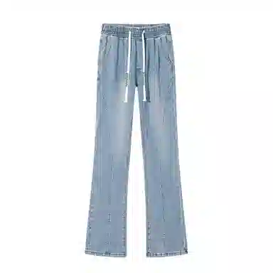 【分割拼接微喇显高显瘦】布客行 美式高街修身复古水洗做旧磨白亲肤柔软透气抽绳系带休闲百搭长裤子废土风直筒垂感阔腿牛仔裤 男女同款