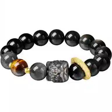 【999足银】 央创时尚 中国黄金 新中式祥瑞醒狮跑环单圈 八方来财 平安吉祥水逆散退 上岸转运旺事业#好运天然 黑曜石 手串 男女同款情侣款