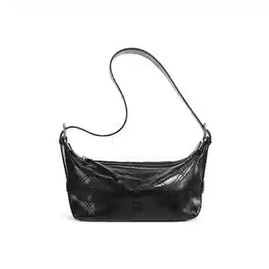 妙迪 复古时髦机车柔软菱格腋下托特包 牛皮革 单肩斜挎包 女款 子夜黑