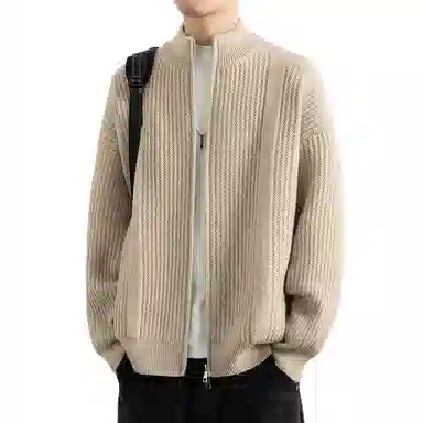 顶峰保罗 日系慵懒风潮牌立领双拉链开衫外套高街百搭无性别主义宽松大码休闲运动纯色上衣显高显瘦轻熟风毛衣 男女同款