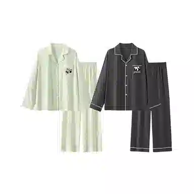 静英鸾 长袖卡通熊猫图案翻领宽松家居服睡衣套装 男女同款