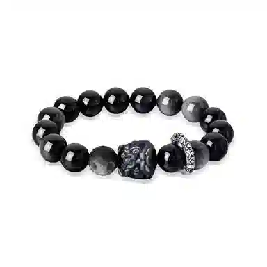 【S999足银纯银 时来运转】 七七银饰 醒狮 暴富发财 幸运守护转运珠 轻奢时尚简约大气 潮流个性 好运 黑曜石 手串 男女同款情侣款