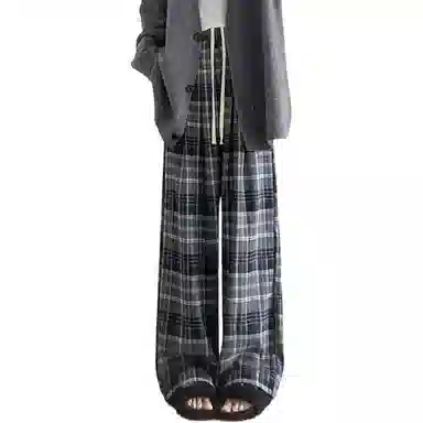 欧迪芬 黄色格子春秋街头风高腰长裤休闲裤 女款