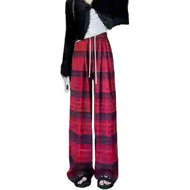 欧迪芬 黄色格子春秋街头风高腰长裤休闲裤 女款