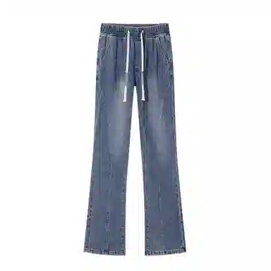 【分割拼接微喇显高显瘦】布客行 美式高街修身复古水洗做旧磨白亲肤柔软透气抽绳系带休闲百搭长裤子废土风直筒垂感阔腿牛仔裤 男女同款