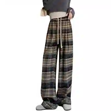 欧迪芬 黄色格子春秋街头风高腰长裤休闲裤 女款
