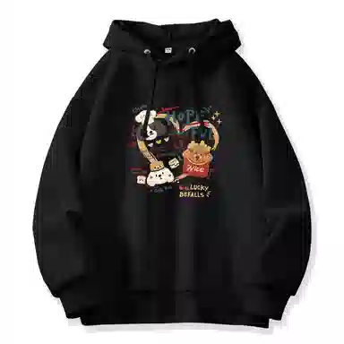 棉致 薯条小狗涂鸦潮流百搭时尚简约舒适柔软圆领套头连帽长袖卫衣 女款