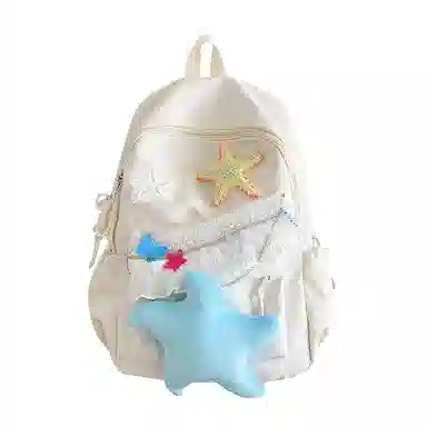 單倉 可爱卡通高颜值蕾丝设计通勤百搭学院风背包初高中学生大容量轻便耐磨书包 尼龙布 双肩包 常规 女款 白色/黄色