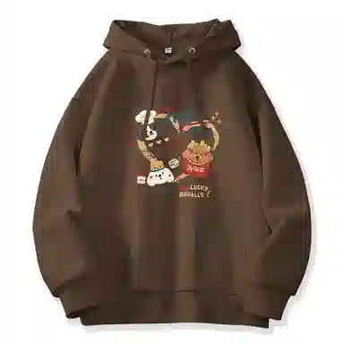 棉致 薯条小狗涂鸦潮流百搭时尚简约舒适柔软圆领套头连帽长袖卫衣 女款