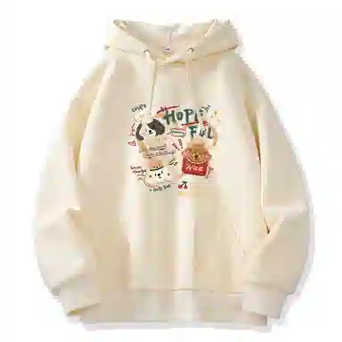 棉致 薯条小狗涂鸦潮流百搭时尚简约舒适柔软圆领套头连帽长袖卫衣 女款