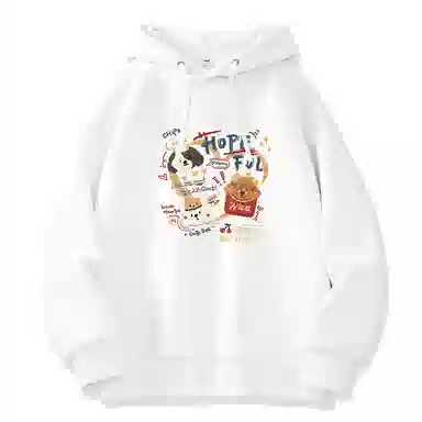 棉致 薯条小狗涂鸦潮流百搭时尚简约舒适柔软圆领套头连帽长袖卫衣 女款