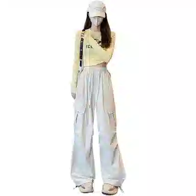 欧迪芬 白灰色春秋美式大口袋抽绳束脚工装裤女士通勤百搭运动阔腿裤宽松休闲冰丝户外登山裤跑步速干运动裤女生舒适时尚显瘦休闲裤 女款