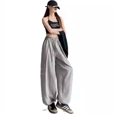欧迪芬 白灰色春秋美式大口袋抽绳束脚工装裤女士通勤百搭运动阔腿裤宽松休闲冰丝户外登山裤跑步速干运动裤女生舒适时尚显瘦休闲裤 女款