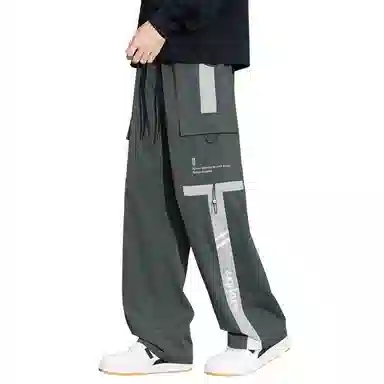 顶峰保罗 美式潮牌条纹拼接工装大口袋伞兵裤无性别主义宽松加肥加大直筒运动长裤简约百搭弹力抽绳显高显瘦高街阔腿垂感休闲裤 男女同款