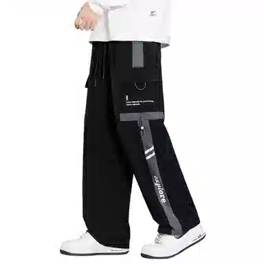 顶峰保罗 美式潮牌条纹拼接工装大口袋伞兵裤无性别主义宽松加肥加大直筒运动长裤简约百搭弹力抽绳显高显瘦高街阔腿垂感休闲裤 男女同款