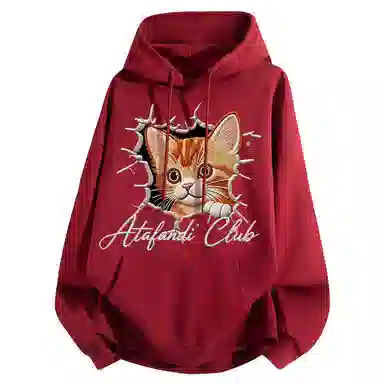 阿凡迪 仿刺绣美式复古高街时尚潮流创意可爱小猫印花纯色宽松日常通勤休闲运动学生党经典百搭长袖氛围感重磅连帽卫衣 男女同款