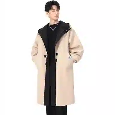 【dme】 潮流时尚撞色拼接宽松连帽中长款工装大衣男春秋简约设计假两件休闲风衣外套 男女同款