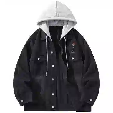 帕丁顿熊 美式复古小熊人物刺绣宽松休闲百搭学院日常穿搭假两件水洗做旧可拆卸连帽牛仔外套 男女同款