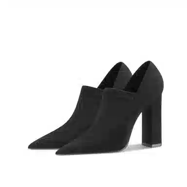 绒面 百搭时装通勤尖头深口粗跟弹力 短靴 女款 经典黑色