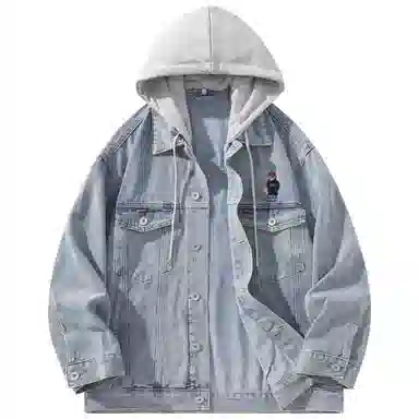 帕丁顿熊 美式复古小熊人物刺绣宽松休闲百搭学院日常穿搭假两件水洗做旧可拆卸连帽牛仔外套 男女同款