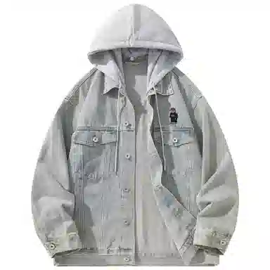 帕丁顿熊 美式复古小熊人物刺绣宽松休闲百搭学院日常穿搭假两件水洗做旧可拆卸连帽牛仔外套 男女同款