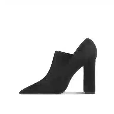 绒面 百搭时装通勤尖头深口粗跟弹力 短靴 女款 经典黑色