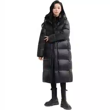 鸭鸭 情侣长款日常休闲简约保暖防风连帽外套潮羽绒服 男女同款