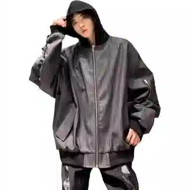 【假两件PU皮外套】布客行 美式高街连帽纹理皮衣宽松舒适嘻哈街头休闲百搭机能风户外长袖拼接层次感飞行员机车风夹克 男女同款