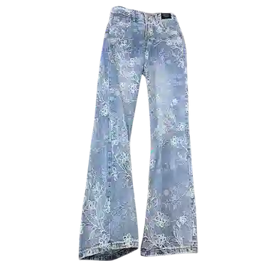 【提花万针刺绣蓝牛】布客行 显高显瘦修身美式高街水洗花卉垂感柔软舒适休闲百搭无性别主义微喇阔腿透气松紧腰直筒牛仔裤 男女同款