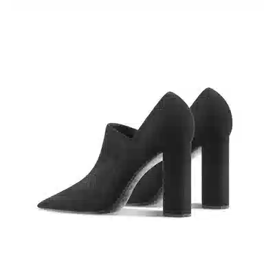 绒面 百搭时装通勤尖头深口粗跟弹力 短靴 女款 经典黑色