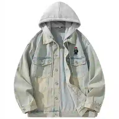 帕丁顿熊 美式复古小熊人物刺绣宽松休闲百搭学院日常穿搭假两件水洗做旧可拆卸连帽牛仔外套 男女同款