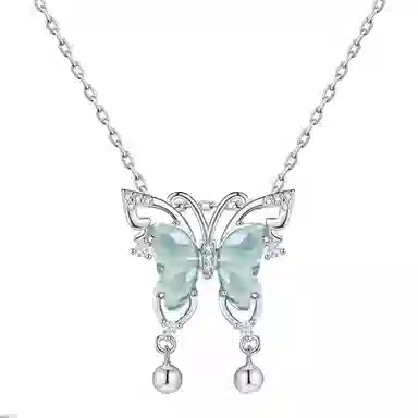 免费刻字 银之岚 蝴蝶吊坠镶钻轻奢潮流锁骨链#好运 玉髓 项链 女款