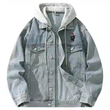 帕丁顿熊 美式复古小熊人物刺绣宽松休闲百搭学院日常穿搭假两件水洗做旧可拆卸连帽牛仔外套 男女同款