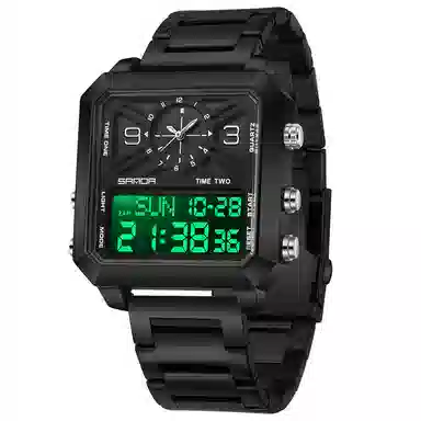 三达 潮流时尚商务方块腕表 电子+石英机芯 钢表带 国表 男表 黑色表盘