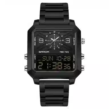 三达 潮流时尚商务方块腕表 电子+石英机芯 钢表带 国表 男表 黑色表盘