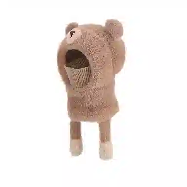 山一丸 卡通可爱小熊面罩围脖一体帽冬季户外毛绒保暖针织帽 涤纶 绒线帽 儿童款