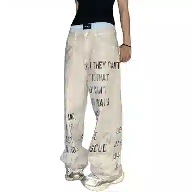 欧迪芬 美式复古脏脏色水洗做旧阔腿裤情侣款字母印花嘻哈休闲直筒长裤牛仔裤 男女同款