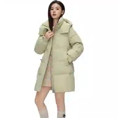 鸭鸭 纯色基础款中长款时尚百搭连帽保暖休闲宽松外套羽绒服 女款
