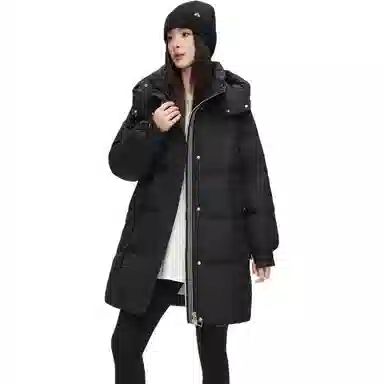 鸭鸭 纯色基础款中长款时尚百搭连帽保暖休闲宽松外套羽绒服 女款