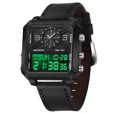 三达 时尚复古方块商务腕表 电子+石英机芯 皮带表带 国表 男表 彩色表盘