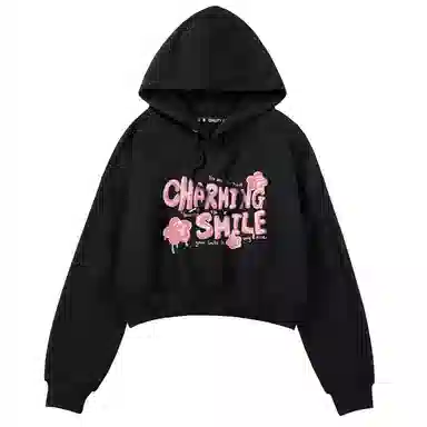 棉致 潮酷字母涂鸦时尚百搭潮流创意简约舒适落肩连帽短款长袖卡通卫衣 女款