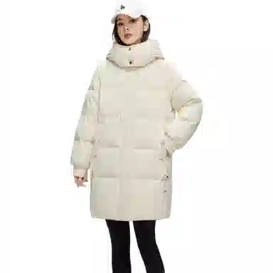 鸭鸭 纯色基础款中长款时尚百搭连帽保暖休闲宽松外套羽绒服 女款