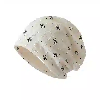 浪莎 日系小香风潮流蝴蝶结印花双层肌理感包头百搭时尚#好运 聚酯纤维 绒线帽 女款