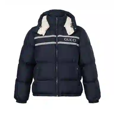 GUCCI FW24 Striped Print Detachable Hood Down Jacket Navy Blue