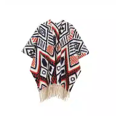 心水好物 温馨橙色插色双面旅行外搭高级感保暖流苏围巾斗篷 聚酯纤维 披肩 女款