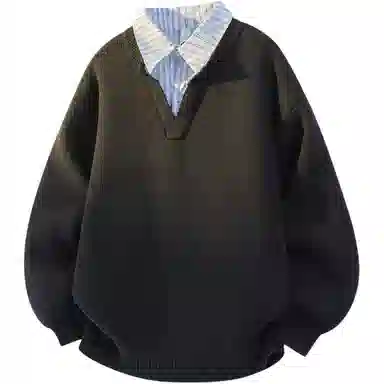 欧迪芬 港式情侣款奶黄色复古假两件衬衫立领上衣秋季毛衣女生美式宽松高街百搭休闲外套卫衣女士慵懒简约纯色显瘦潮流潮牌学生毛衣 女款