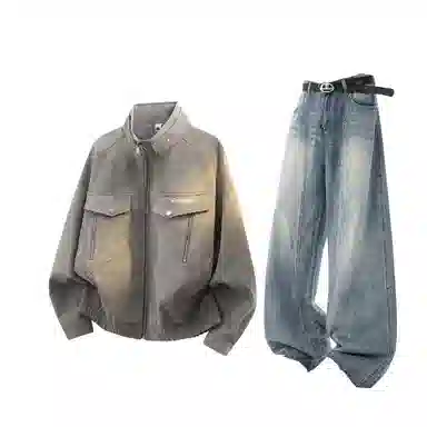 Zirunge Vintage Tie-Dye Leather Jacket Cleanfit Set